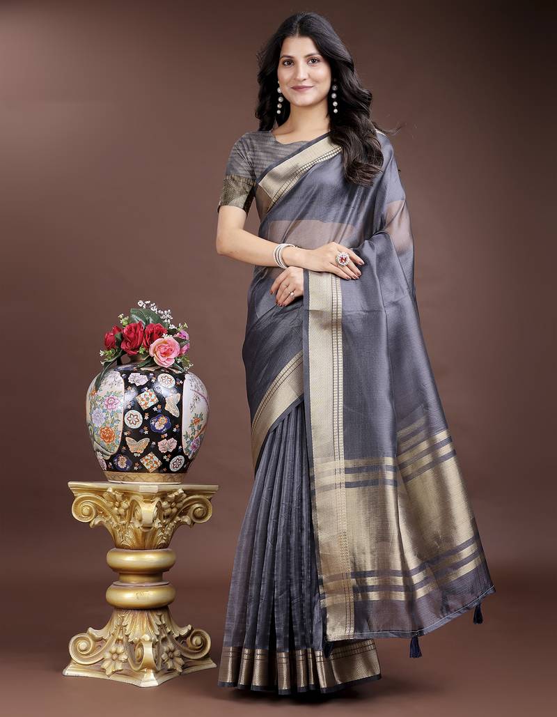 grey organza with thread work and zari weaving saree with blouse
