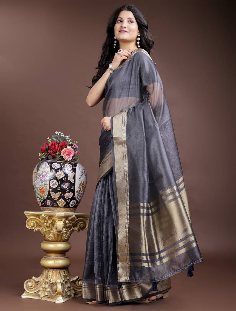 grey organza with thread work and zari weaving saree with blouse