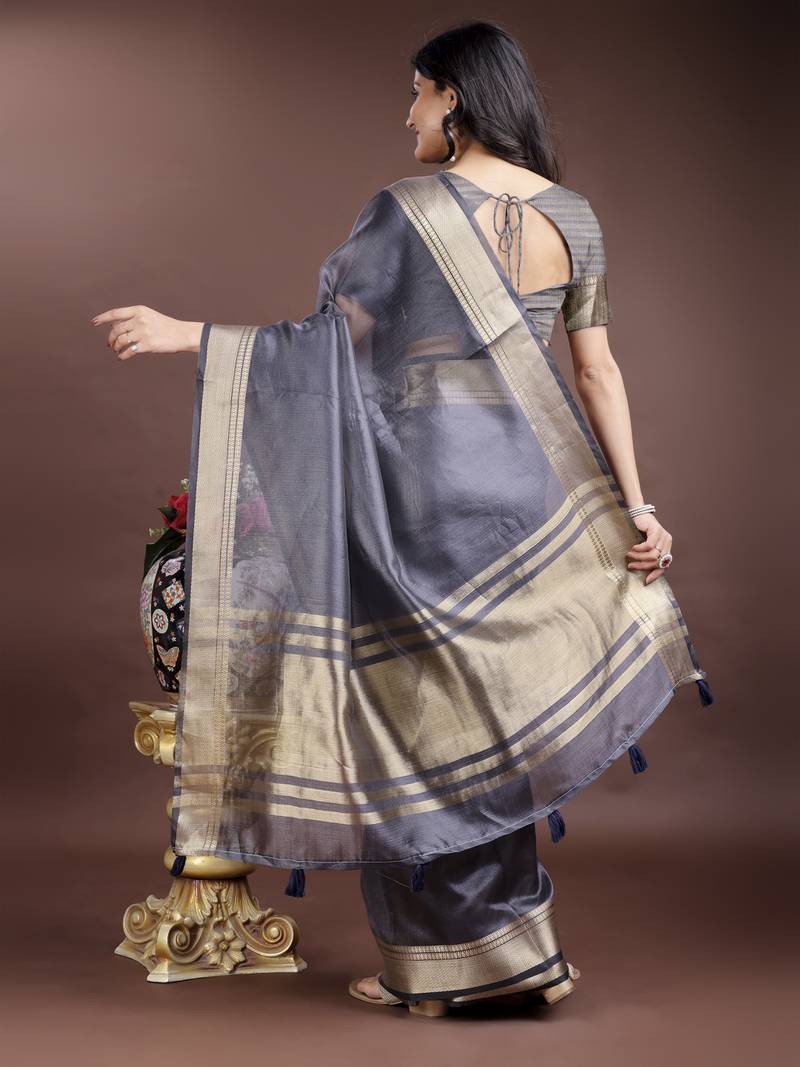 grey organza with thread work and zari weaving saree with blouse