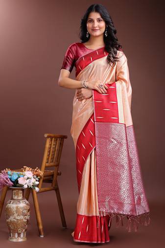orange lichi art silk with woven zari work saree with blouse