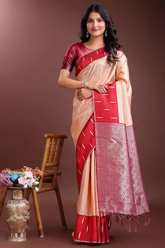orange lichi art silk with woven zari work saree with blouse