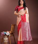 orange lichi art silk with woven zari work saree with blouse