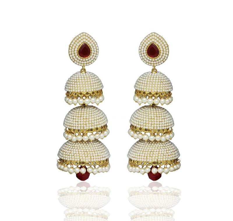 Designer White Pearl Jhumka/Earrings Set with Beautiful Red Ruby Stone for Indian Bridal Women Jhumka set