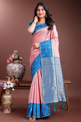 peach lichi art silk with woven zari work saree with blouse