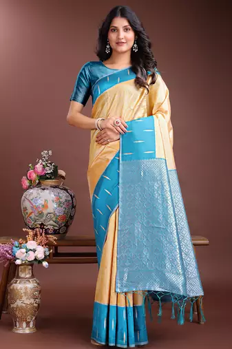 yellow lichi art silk with woven zari work saree with blouse