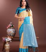 yellow lichi art silk with woven zari work saree with blouse