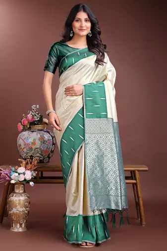 cream lichi art silk with woven zari work saree with blouse