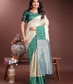 cream lichi art silk with woven zari work saree with blouse