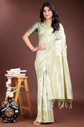 light green linen cotton with printed and zari weaving saree with blouse