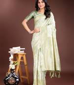 light green linen cotton with printed and zari weaving saree with blouse