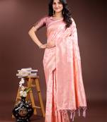 peach linen cotton with printed and zari weaving saree with blouse