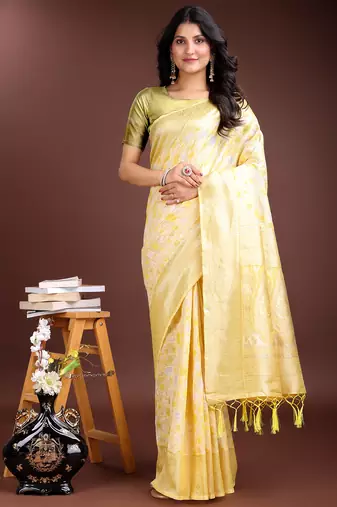 yellow linen cotton with printed and zari weaving saree with blouse