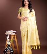 yellow linen cotton with printed and zari weaving saree with blouse