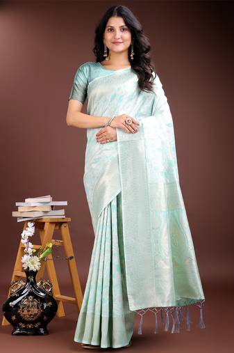 sea green linen cotton with printed and zari weaving saree with blouse
