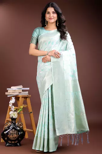 sea green linen cotton with printed and zari weaving saree with blouse