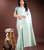 sea green linen cotton with printed and zari weaving saree with blouse