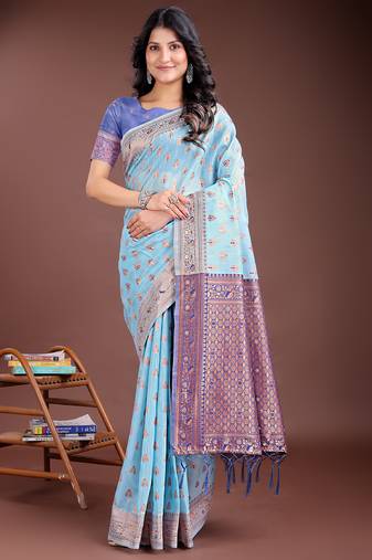 sky blue linen cotton with jacquard work and zari weaving saree with blouse