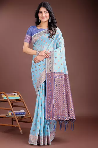 sky blue linen cotton with jacquard work and zari weaving saree with blouse