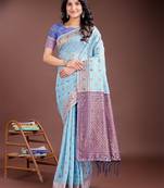 sky blue linen cotton with jacquard work and zari weaving saree with blouse