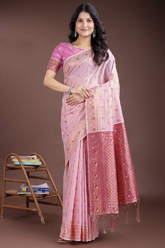 pink linen cotton with jacquard work and zari weaving saree with blouse