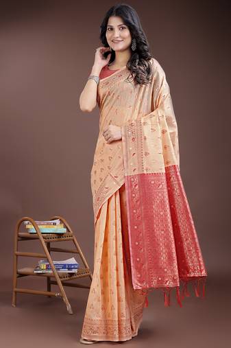 orange linen cotton with jacquard work and zari weaving saree with blouse