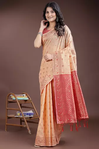 orange linen cotton with jacquard work and zari weaving saree with blouse