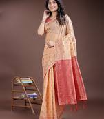 orange linen cotton with jacquard work and zari weaving saree with blouse