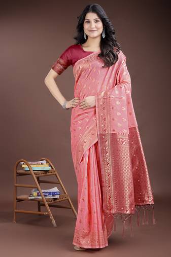peach linen cotton with jacquard work and zari weaving saree with blouse