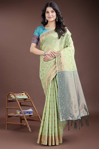 light green linen cotton with jacquard work and zari weaving saree with blouse