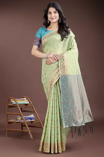 light green linen cotton with jacquard work and zari weaving saree with blouse