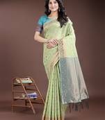 light green linen cotton with jacquard work and zari weaving saree with blouse