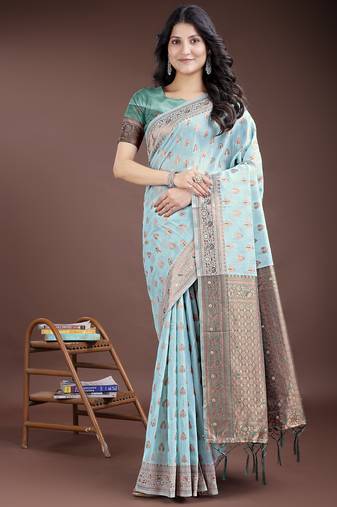 sea green linen cotton with jacquard work and zari weaving saree with blouse