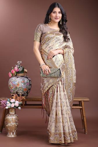 brown linen cotton with printed and zari weaving saree with blouse