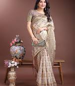 brown linen cotton with printed and zari weaving saree with blouse