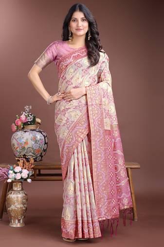 pink linen cotton with printed and zari weaving saree with blouse