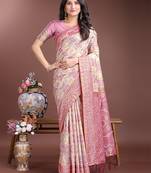 pink linen cotton with printed and zari weaving saree with blouse