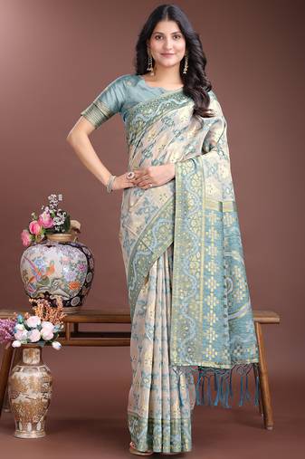 sea green linen cotton with printed and zari weaving saree with blouse