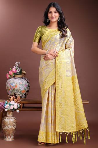 yellow linen cotton with printed and zari weaving saree with blouse