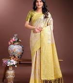 yellow linen cotton with printed and zari weaving saree with blouse