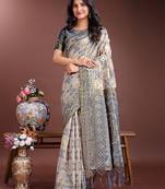 grey linen cotton with printed and zari weaving saree with blouse
