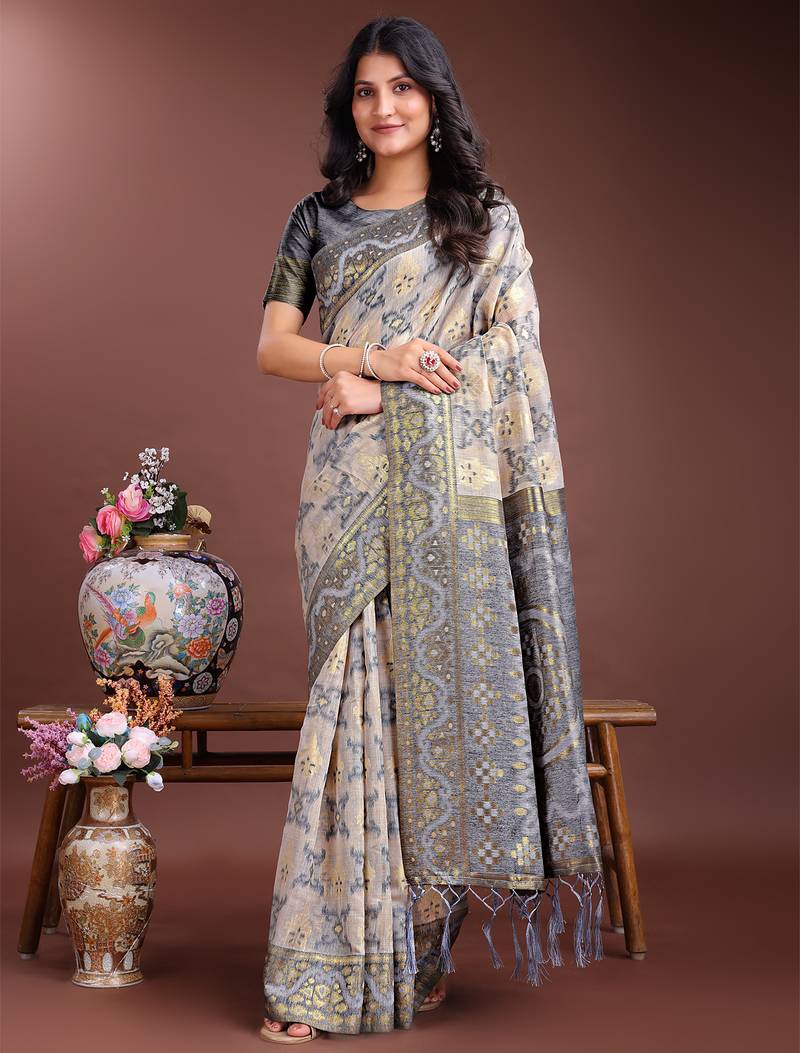 grey linen cotton with printed and zari weaving saree with blouse