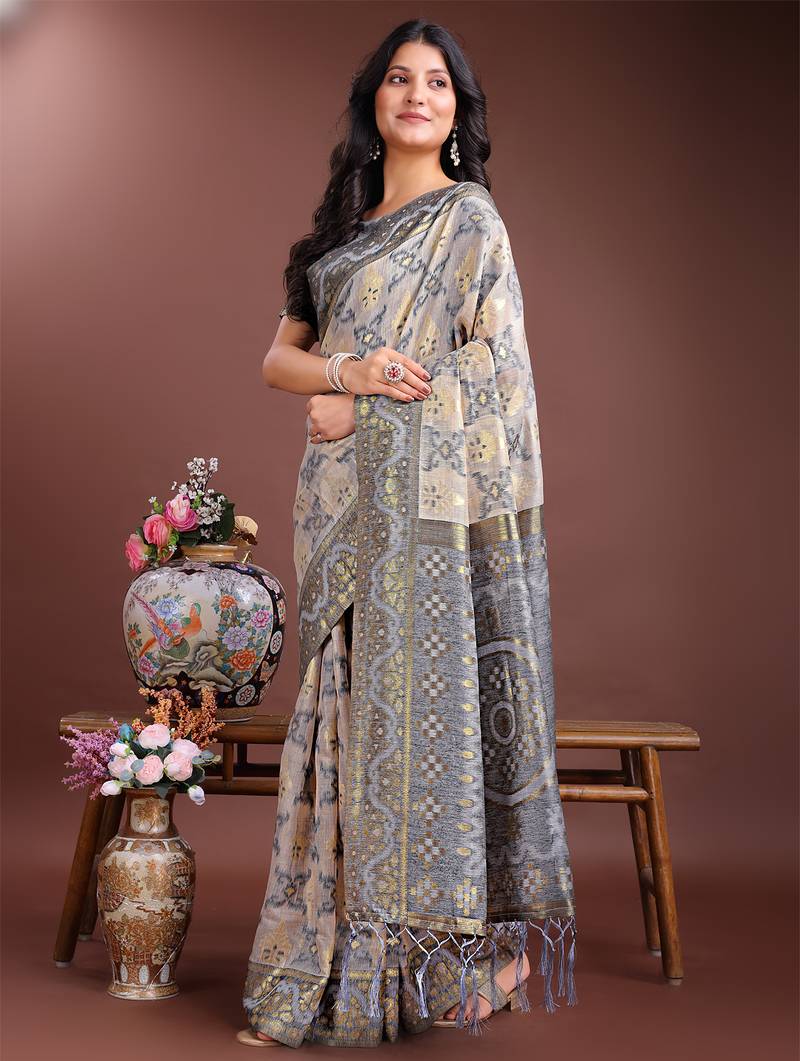 grey linen cotton with printed and zari weaving saree with blouse