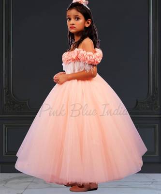 Peach baby party gown, flower girl birthday outfit online 4
