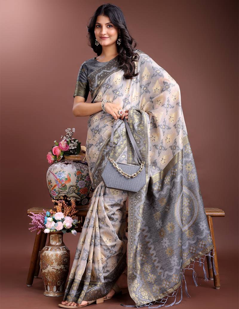 grey linen cotton with printed and zari weaving saree with blouse