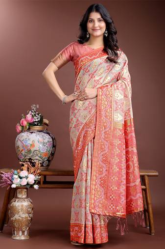 peach linen cotton with printed and zari weaving saree with blouse
