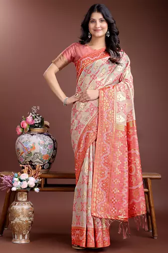 peach linen cotton with printed and zari weaving saree with blouse