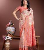 peach linen cotton with printed and zari weaving saree with blouse