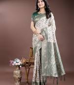 green linen cotton with jacquard work and zari weaving saree with blouse