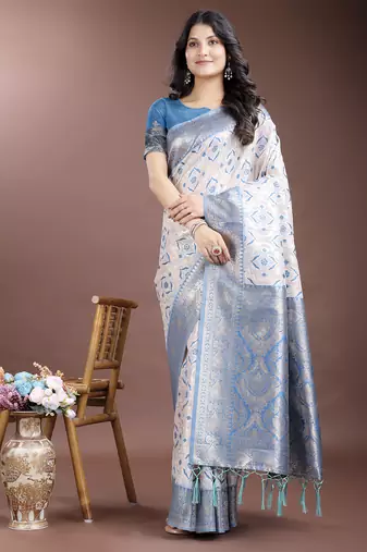sky blue linen cotton with jacquard work and zari weaving saree with blouse