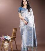 sky blue linen cotton with jacquard work and zari weaving saree with blouse